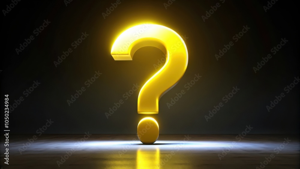 Aufkleber a luminous golden question mark stands alone on a reflective surface, illuminated by an unseen light
