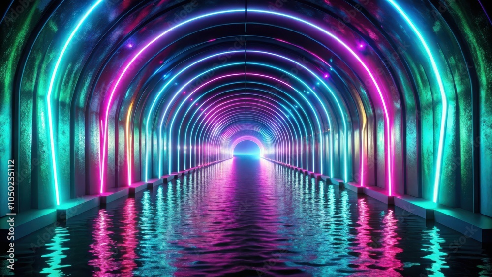 Poster Neon lights illuminate a tunnel reflecting on the water below creating a surreal and futuristic scene