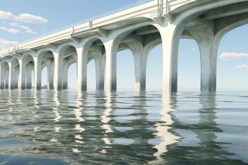 Obraz premium Pale green bridge with white road lines over turquoise water against a soft blue background