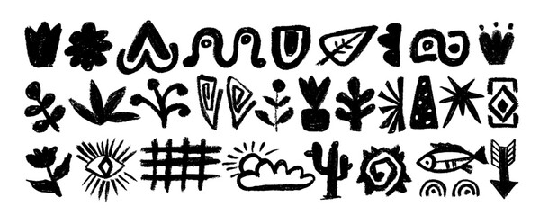 Tribal pattern. African silhouette print. Ethnic border. Ancient tribe. Aztec and Mayan graphic. Mexican shapes. Mexico or Peru decorations. Inca texture. Navajo elements. Vector tidy ornaments set