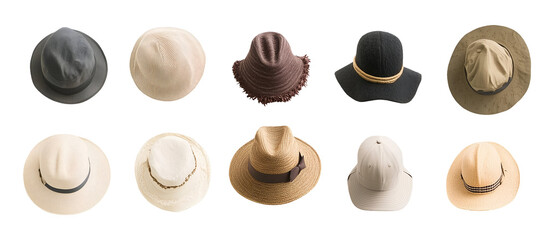 Collection set of hats and caps isolated on transparent or white background, png