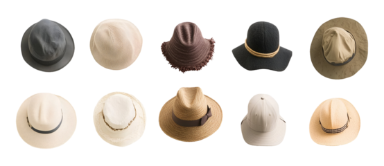 Collection set of hats and caps isolated on transparent or white background, png