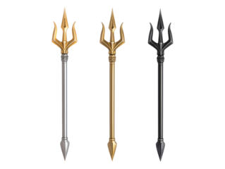 Collection set of tridents in silver, gold, and black isolated on transparent or white background, png