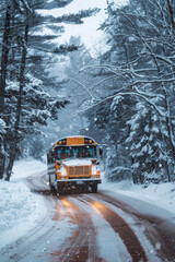 School Bus Navigating Snowy Road Through Winter Forest for Safe Student Transportation