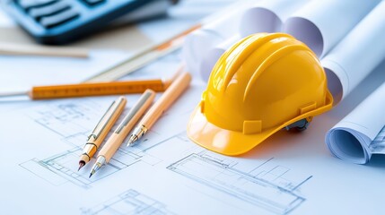 Construction site materials with blueprints, tools, and a safety helmet on a workspace during project planning