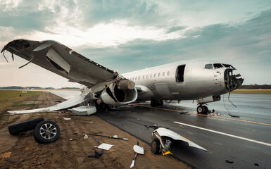 A deserted runway edge with a damaged airplane, displaying a broken wing and scattered debris under a cloudy sky, with no signs of people or emergency response.
