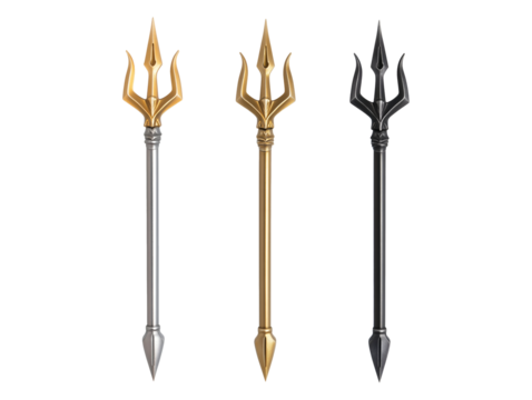 Collection set of tridents in silver, gold, and black isolated on transparent or white background, png