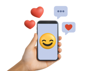 Hand holding phone with smiley emoji isolated on transparent or white background, png