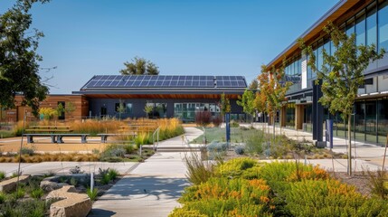 Fototapeta premium Sustainable Energy School with Solar Panels and Eco-Friendly Design for Green Education Spaces