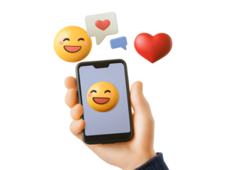 3d Hand holding phone with smiley emoji isolated on transparent or white background, png