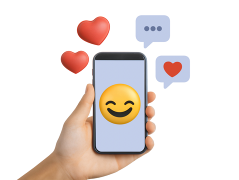 Hand holding phone with smiley emoji isolated on transparent or white background, png