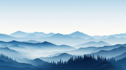 Obraz premium Silhouetted mountains emerging from gray fog with a light blue sky and white clouds above