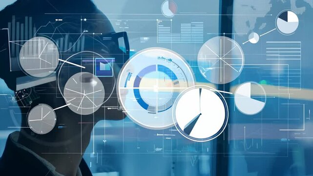 Futuristic interface displaying data analysis and digital charts, representing business intelligence and technology