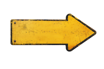 Rusty yellow road sign arrow pointing right isolated on transparent or white background, png