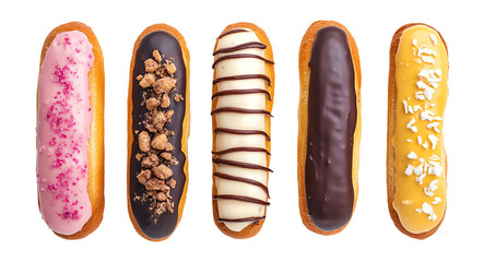 Collection set of éclairs isolated on transparent or white background, png