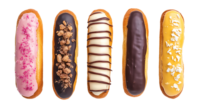 Collection set of éclairs isolated on transparent or white background, png