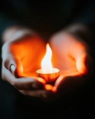 Hands holding a candle flame, dark background