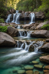 Obraz premium Waterfalls cascading over boulders into a clear pool below