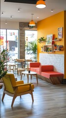 Collaborative Coworking Space. Bright Colors. Casual Modern Seating.