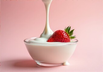 strawberry close-up in a glass saucer yogurt sour cream