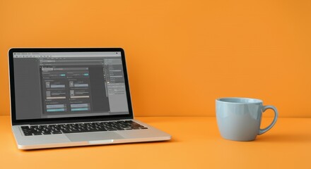 Fototapeta premium Open laptop with software on screen beside blue cup orange background