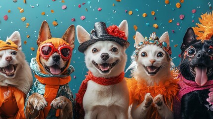 Fototapeta premium Paw-some Pet Dress-Up Extravaganza Banner Dogs with Colorful Costumes and Fun Background