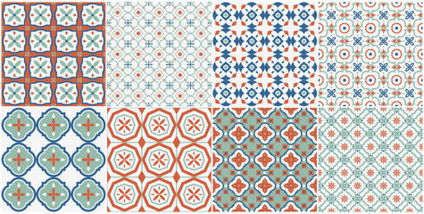 Collection of seamless geometric mosaic patterns - trendy color tile textures. Decorative bright ornamental backgrounds. Vector repeatable prints