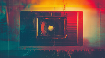 Faded retro-style background featuring slight RGB color separation and soft light leaks, creating a dreamy 90s aesthetic with a grainy texture and warm reds, yellows, and soft blues 