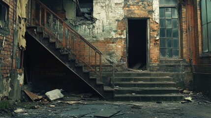 Fototapeta premium Abandoned Building Staircase with Rustic Brick Walls