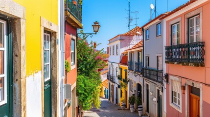 A charming coastal town in Portugal with narrow cobblestone streets and colorful buildings, picturesque setting with sunny weather, Mediterranean style