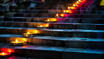 Rows of colorful diyas glowing on the steps of a temple, warm and inviting