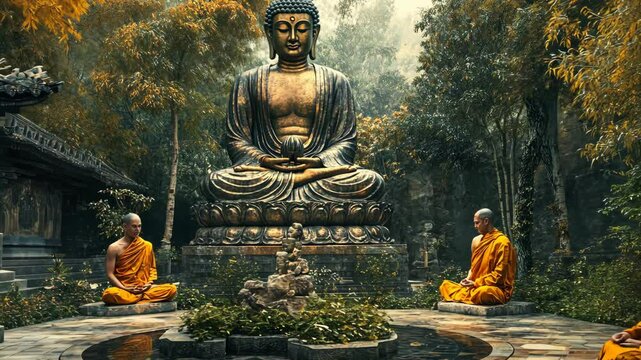 Two monks meditate in front of a large Buddha statue in a serene forest setting