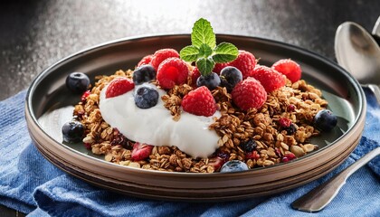 baked granola with yogurt and fresh berries