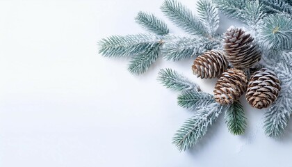 branches with cones of christmas tree spruce covered of hoarfrost and snow in winter on a white background with space for text