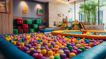 "Photography of a dry pool filled with colorful soft cubes in blue, red, yellow, brown, purple, and green, creating an abstract print pattern design. Ideal for a children&rsquo;s game room or trampoline 