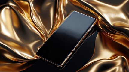 A sleek smartphone mockup rests elegantly on a reflective surface with luxurious silk