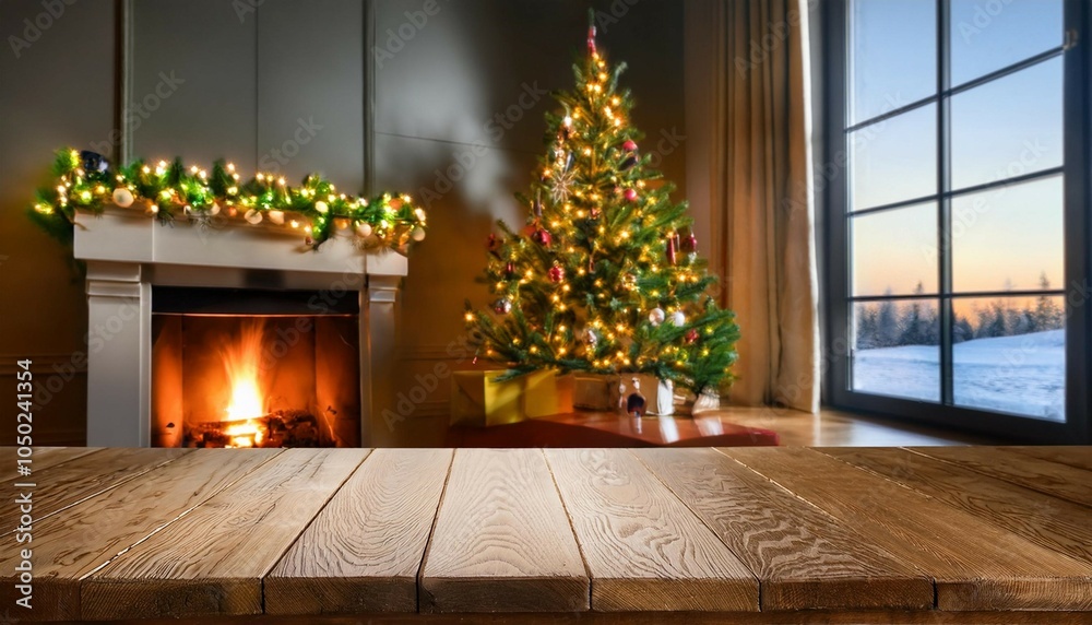 Canvas Prints christmas fireplace with christmas tree and table top with copy space