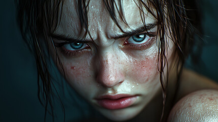 Fototapeta premium Close-up of young woman with intense, troubled expression