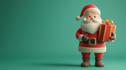 Obraz premium A cheerful cartoon Santa Claus stands against a teal background, holding a present, embodying the festive spirit of Christmas.