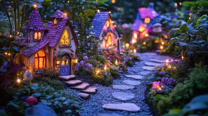 Fototapeta premium A whimsical miniature village with glowing houses and a flower-lined pathway.