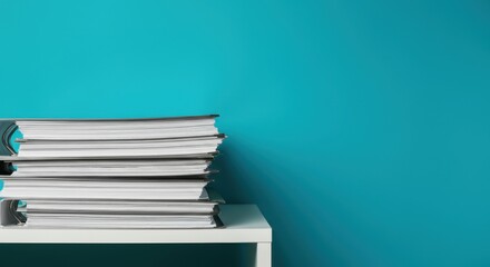 Stack of documents on white desk, blue background