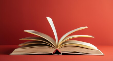Naklejka premium Open book against red background, pages flipping in mid-air