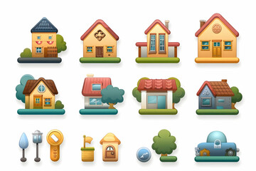 Cartoon house and home icons set.