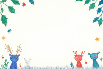 Fototapeta premium A whimsical illustration featuring colorful reindeer and a rabbit, framed by festive foliage and stars, perfect for holiday-themed designs.