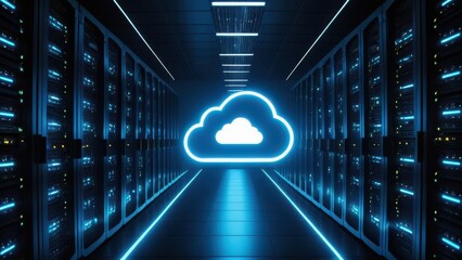 Data center with a glowing cloud icon, representing cloud-based backup and recovery after cyberattacks. Ideal for illustrating data security and disaster recovery.