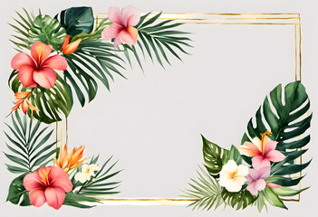 A tropical floral border with vibrant hibiscus flowers and lush green leaves, creating a frame around a blank center space.