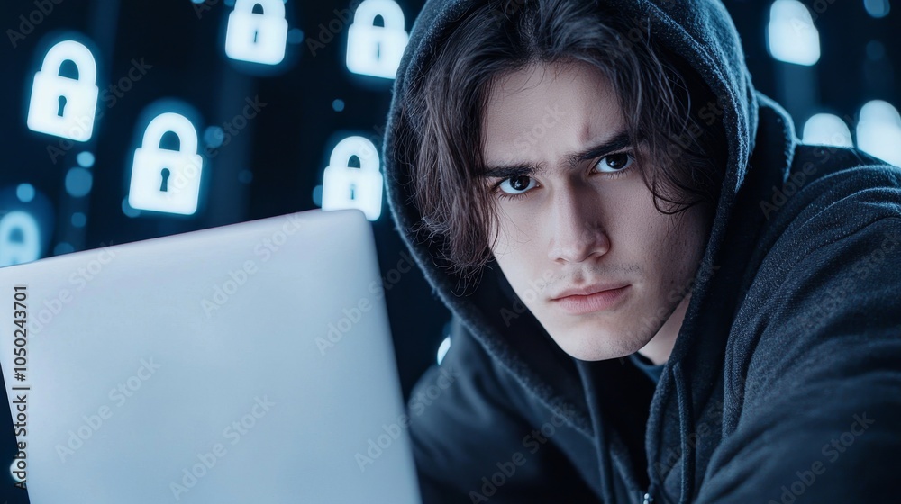 Poster enigmatic cyber hacker in neon light - dark hooded figure surrounded by security symbols and compute