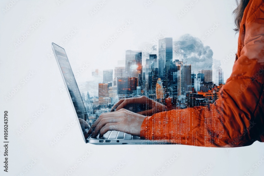 Poster digital nomad at work: typing on laptop with overlay of coding lines - double exposure concept