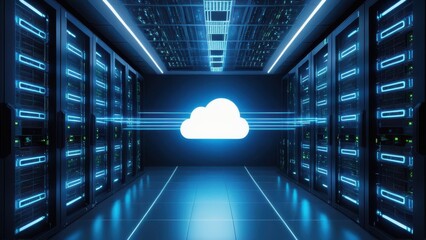 Data center with a glowing cloud icon, representing cloud-based backup and recovery after cyberattacks. Ideal for illustrating data security and disaster recovery.