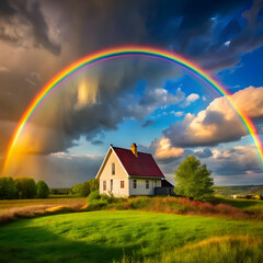 a rainbow arching over a rural farmhouse